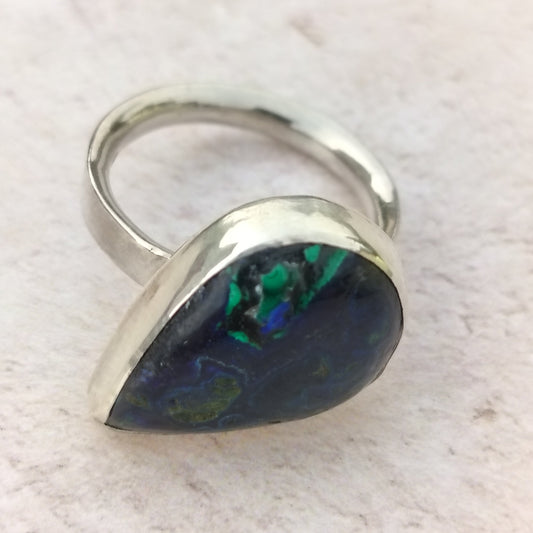 Teardrop Azuralite Malachite Silver Ring